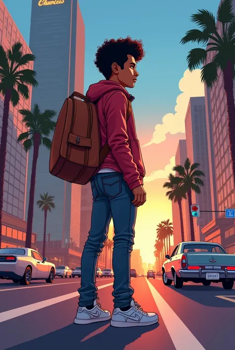 Create an image of a young Bruno Mars in 2003, arriving in Los Angeles. He carries a guitar on his back, with an expression of excitement and determination. In the background, You can see the skyline of Los Angeles, with palm trees, some tall buildings and...