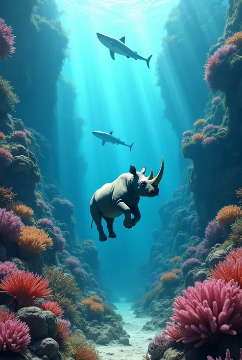 rhino and elephants walking on a coral reef with lots of sharks and whales