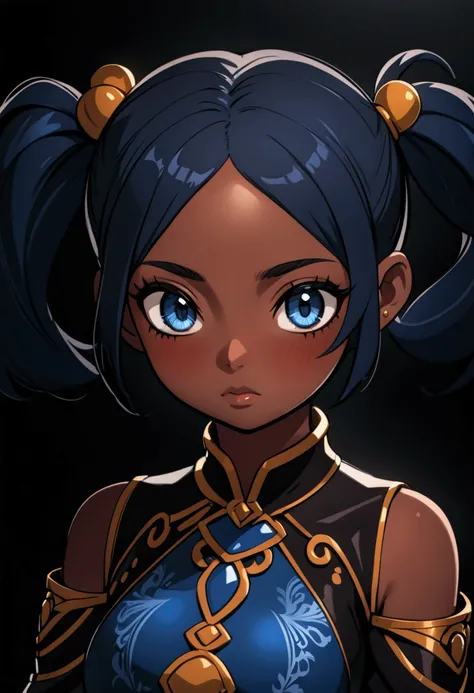 Dark skinned woman, Dark blue hair with 2 pigtails and blue eyes.