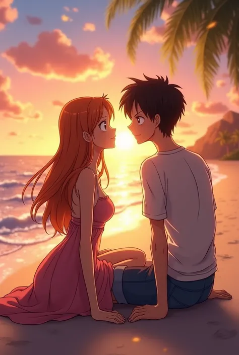 Nami from one piece in love with luffy , looking at luffy with love eyes, sitting by beach 