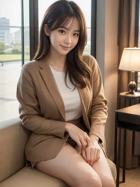 (Early autumn date), ((Office casual attire)),
View your audience, Japanese female university student, (One Woman:1.2), She is very beautiful, Glowing Skin, Perfect Face, Cute and symmetrical face, Glowing Skin, 
Light Brown Hair, Medium Hair, Wavy Hair, H...