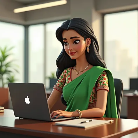 Animated realistic, unreal engine, 4k, hd, A beautiful Indian woman in her mid-20s is seated at a desk, working intently on her laptop in a modern office setting. She is dressed in a vibrant green saree, elegantly draped, with an intricately designed blous...