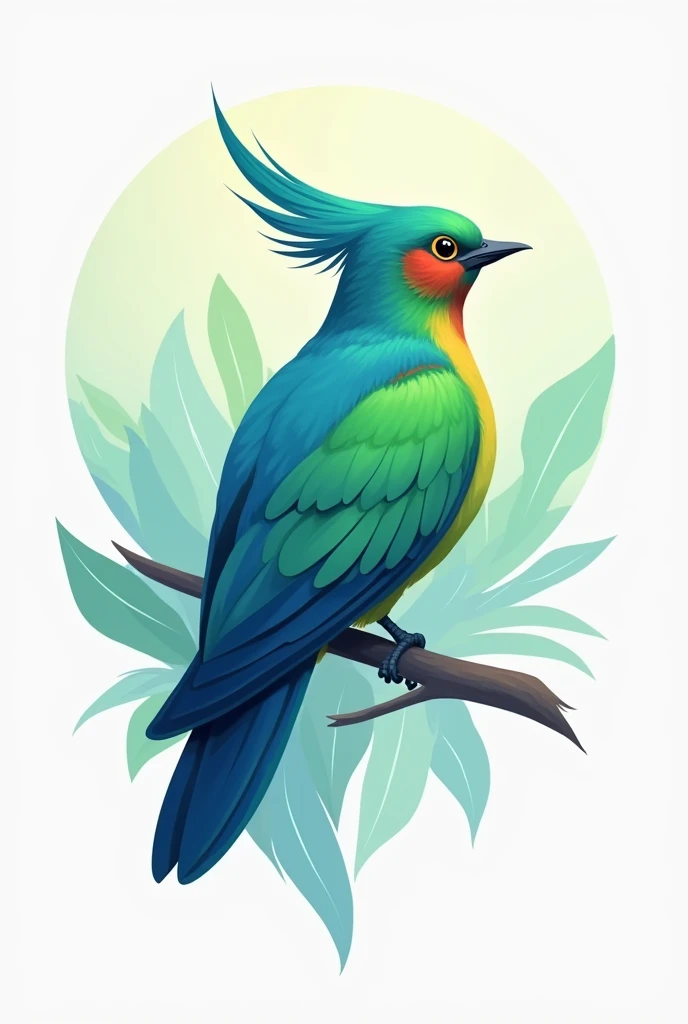 Create a logo for an art school with the colors green, blue and white and the quetzal 