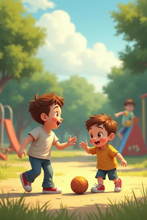 An older child, approximately 5 years, It&#39;s in a park, playing with a ball. His posture is active and enthusiastic as he throws the ball to a group of friends.. at your side, a , about , try to imitate it. The little one bends down to pick up a smaller...