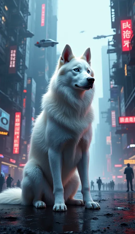 White Siberian husky dog in cyberpunk 