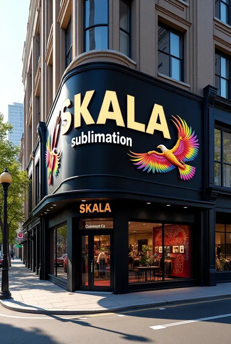 Create an image of a corner clothing store with black walls and a sign that is located in the center of the entire corner, that says “SKALA” in large letters and “sublimation” in small letters below it and has a colorful eagle on one side.