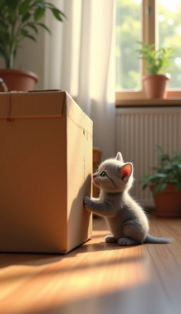 create a realistic picture. In the corner of the living room, there is a large cardboard box that has just been brought in. Milo, a small gray kitten with bright green eyes, approached the box curiously. He sniffed the edge of the cardboard, noting how big...