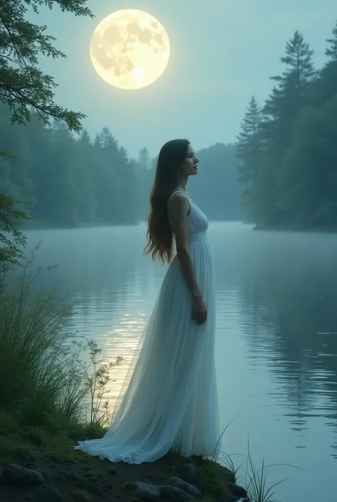 Woman in white dress Full moon on the lake