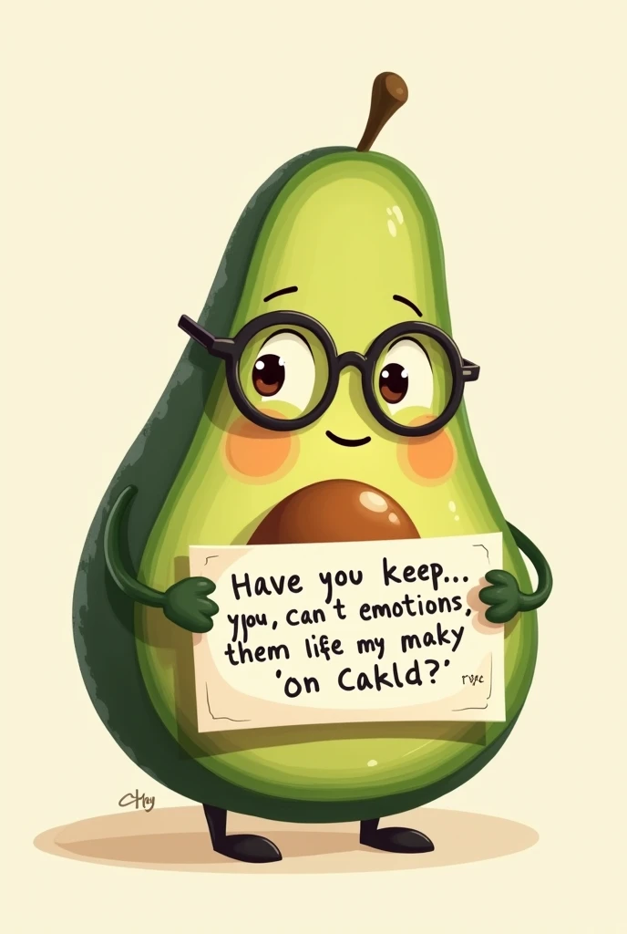 A happy male hass avocado with glasses holding a sign that says  " My happiness and my pain I don&#39;t tell anyone, That&#39;s why nobody knows when I&#39;m enjoying myself when I&#39;m hurt "