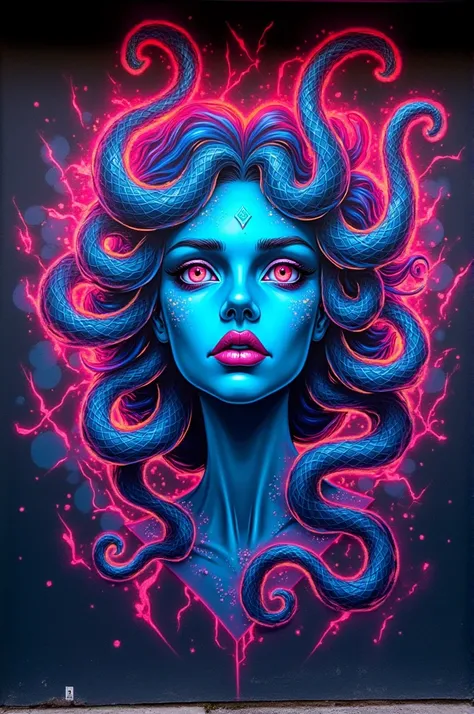 I want an airbrushed graffiti where the goddess Medusa appears and neon colors are used. It is for a slush shop with a black background. 