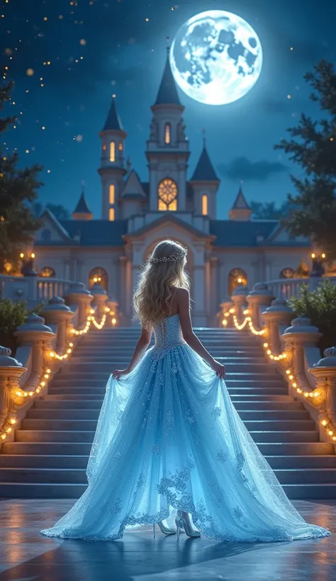 
A **young princess with golden blonde hair** cascading down her back, dressed in a **sparkling silver-blue ball gown** adorned with delicate **crystals and shimmering embroidery**, standing at the base of a **grand marble staircase**. The night sky is ill...