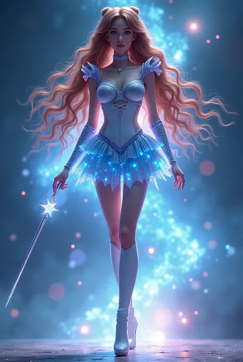 Sailor moon with brown curly hair, Short sparkly dress in blue and silver tones with stars that glow in the dark, white patent leather boots, light layer resembling a nebula, slender, elongated wand with a crystal twin at the tip 