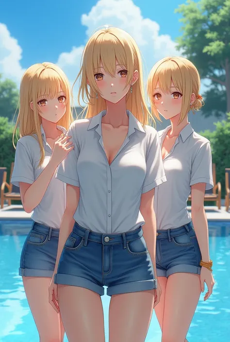 (Best Quality、4K、8k、High resolution、masterpiece:1.2)、Very detailed、(Genuine、Realistic、Realistic:1.37)、Japanese Girls、(blonde)、(Hairstyle:random)、White collared shirt、Open shirt、Denim shorts、Big Breasts、(One girl has tanned skin:1.6)、Earrings、necklace、brace...