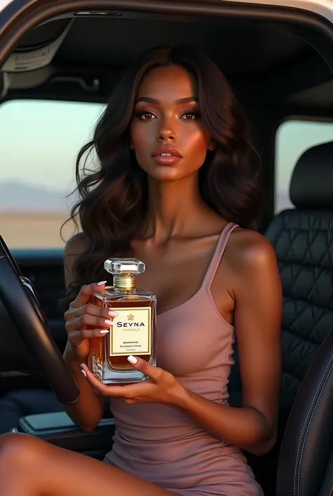 Femme métissse capverdienne avec du doré assise dans une voiture g wagon , comme les femmes de pinterest , tenant un beau et gros parfum de 100 ml  écris dessus Seyna fragances,Seyna fragances , cheveux ondulés , teint métisse claire, image réaliste