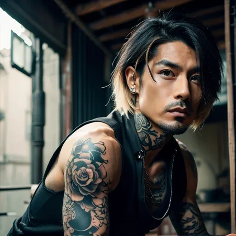 1 man, male, Japanese man, Visual Kai hairstyle, ultra detailed face and body, hyperrealistic, realistic representation, muscular, broad shoulders, tattoos gothic style, piercings, Visual Kei style, hairstyle Visual Kei, blond, 40 years old, age 40 outfit,...