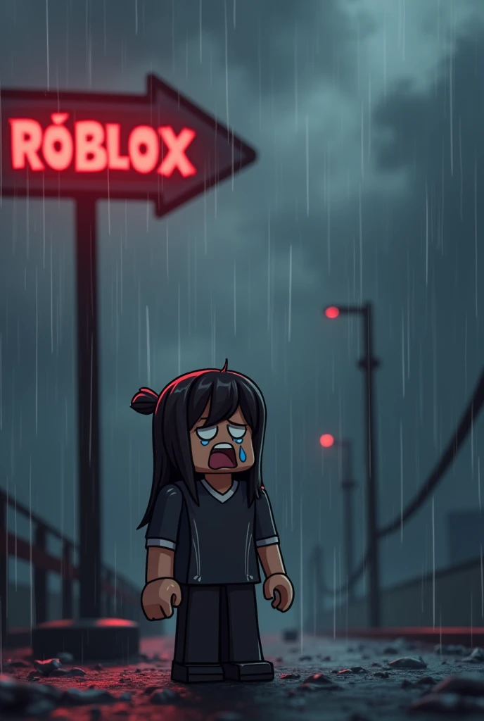 make me a blocky cartoon thumbnail of a roblox character crying with an arrow next to it going slowly downwards with a gloomy rainy background with the roblox logo