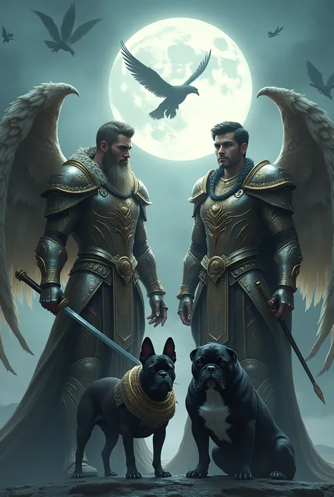 Two warrior angels each accompanied by his pet, the one on the left, a large angel with short hair and a semi-short beard, tall in his pharaoh armor and his sharp sword with his pet, a black French Bulldog and armor, and the other warrior angel on the righ...