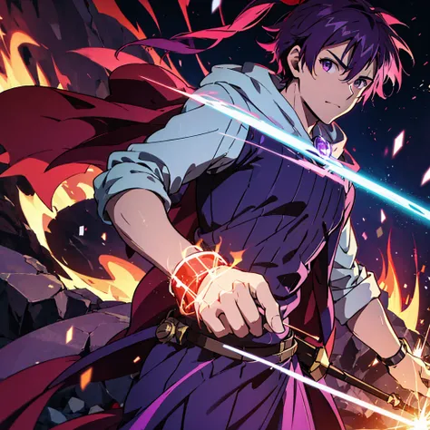 a man with a power in his hand with armor and magic stones welded to it and with red and purple hair