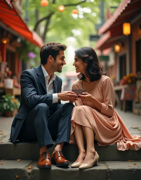 A romantic couple of a man and a woman are sitting on a staircase on the street. In the background there are some stands and some trees. The man hands the woman a chocolate bar. The photo must be as real as possible.
