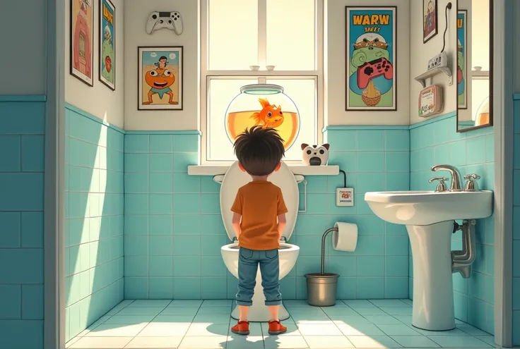 Garçon de dos 4 ans dans des toilettes propres, poster de consoles et manettes jeux vidéo, bocal poisson rouge au dessus des toilettes