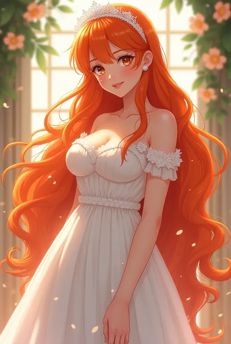 
A girl with very long and fluffy orange hair and nice big breast a bride figure and she is about 20 years old in anime styl