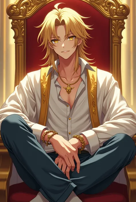 handsome anime boy, he sitting on a gold throne, blonde long hair, yellow eyes, wh
te shirt, white jean, white and gold robe, tears, gold jewelry, crossing leg