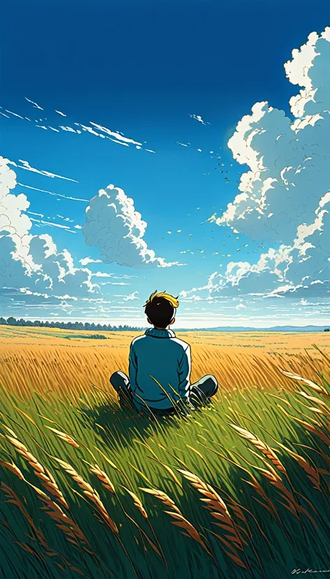 (Minimalism:1.4), Draw a simple Tintin style art of a boy sitting in a cloudy autumn meadow, watching a vast clear sky      , tall grasses, cloudy sky, Makoto Shinkai Cyril Rolando,4k animated wallpaper, f4k animated wallpaper, Aries Moross art,art by Bob ...