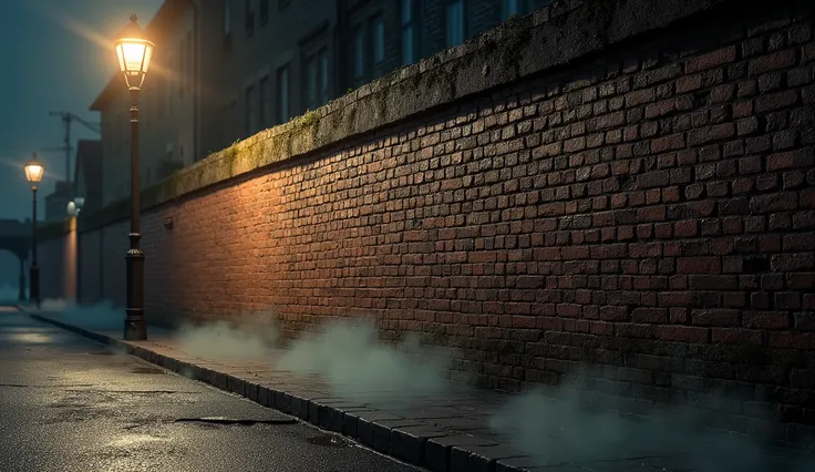 Render high quality brown brick street wall, extremely detailed old brick wall, hyper realistic, night outside, mist from below, nigth street light, HD, 16:9, 8K, best quality