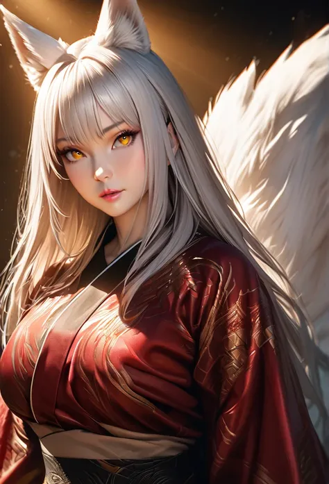 a beautiful white kitsune,detailed intricate portrait,1girl,long white hair,slim waist,big breasts,long white tail,mature woman,detailed yellow eyes,red and black dragon style kimono,masterpiece,ultra-detailed,photorealistic,8k,vivid colors,studio lighting...