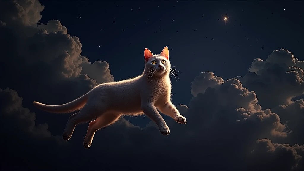 a cat in the sky, detailed fur texture, blue skies, fluffy clouds, sunlight, dreamlike, whimsical, fantasy, highly detailed, 8k, photorealistic, masterpiece, vibrant colors, glowing, ethereal, digital art