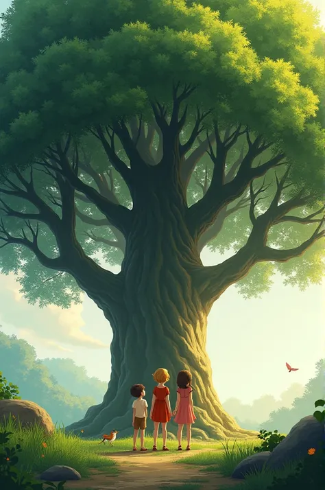 Three children standing under the tree