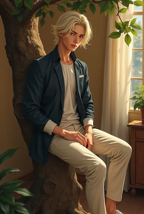 (photorealism:1.2), beautiful man, sitting on tree, wearing a jacket top, straight cut cream pants, mid length pale blonde hair, with violet eyes, most likely a french guy with a mixed of japanese, cozy room, relaxed pose, realistic, intricate details, war...