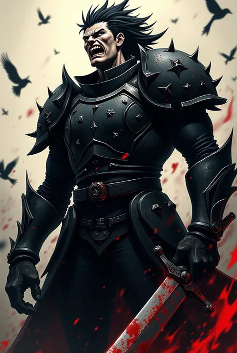 Digital illustration featuring a dark, intense, and dynamic style. The layout is focused on a single subject, a fierce warrior with a menacing expression. The character guts berserk has pale skin, sharp facial features, and is depicted with a large, open-m...