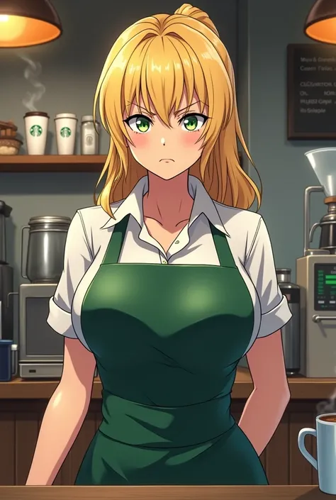 hot Starbucks barista anime with blonde hair, she has big tits and is glaring at me, pissed.