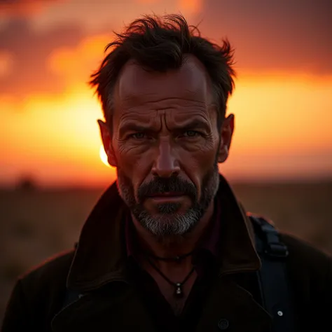 a man at sunset, looking at the camera, cinematic