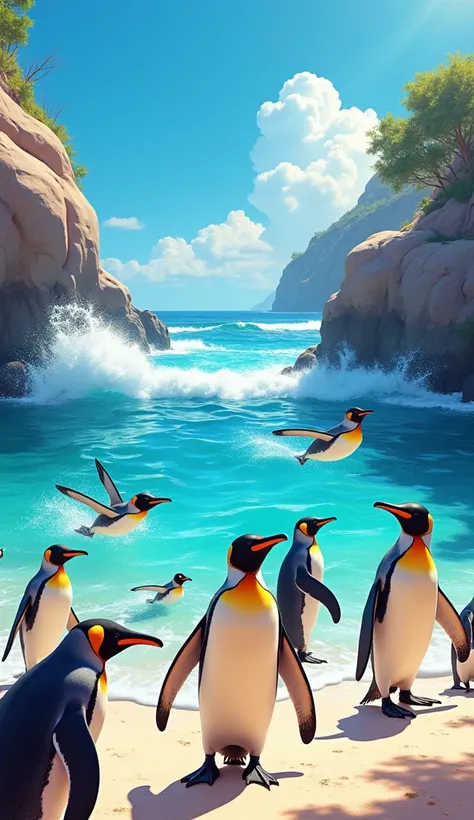 “Create a vibrant and eye-catching cover photo featuring African penguins in their natural habitat. The image should include a group of African penguins on a sunny beach, some waddling on the sand while others swim gracefully in the clear blue ocean. Inclu...