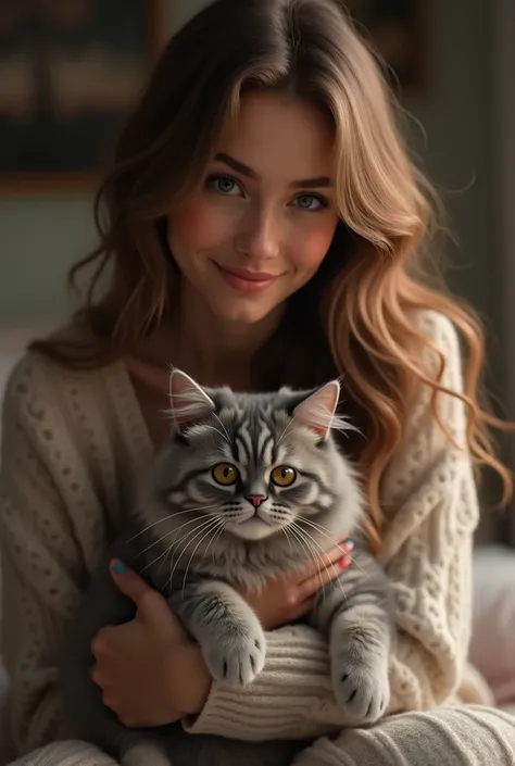 A woman with long hair smiles while cuddling a British shorthair cat