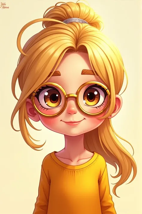 Cartoon style avatar illustration of girl cm blonde hair ponytail bangs in front and golden glasses cute eyes and orange chest golden style and fire 