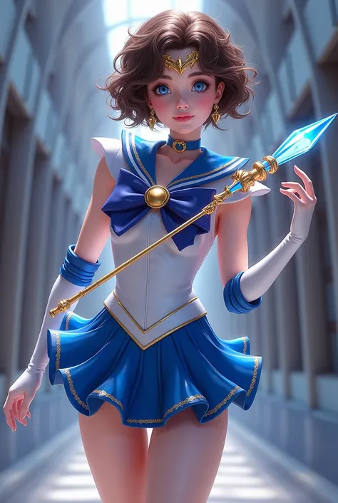 Sailor moon sailor scout brown curly hair short shiny dress in blue and silver tone , white patent leather boots, slender, elongated wand with a crystal twin at the tip