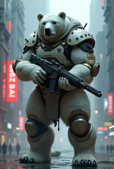 Fat polar bear humanoid warrior from cyberpunk future, with machine gun