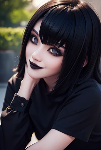 1 girl, Alone, emo , emo hair , by the wide, eye shadow, mask, dyed hair , black lips, black eyes, dark eyes , Oversized shirt, outdoors , Very detailed portrait , Leaning forward , bottom blouse, smile, big breasts