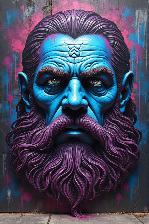 Face of the Titan God Chronos in graffiti with neon colors on a black background with an urban and graffiti touch with airbrushing 