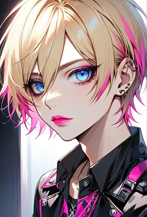 One male with light blonde hair, with light blue eyes, with pink eyeshadow, he is wearing a male outfit the style is emo, he is flat chested like a man, he also has pericings, short hair, he has pretty pink lips.