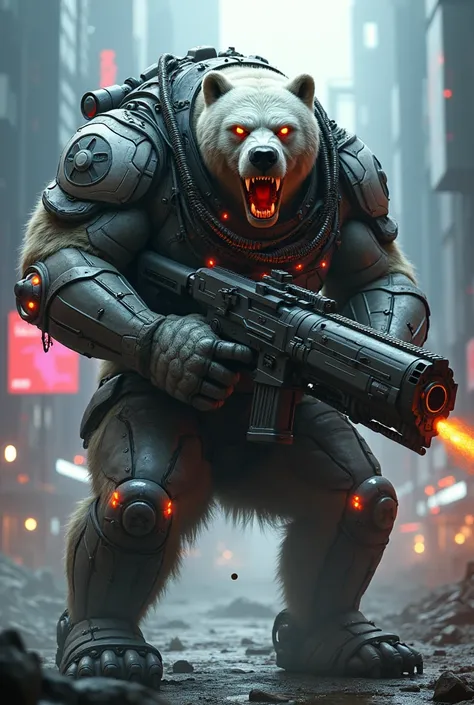 Fat polar bear humanoid warrior from cyberpunk future, with machine gun with angry face