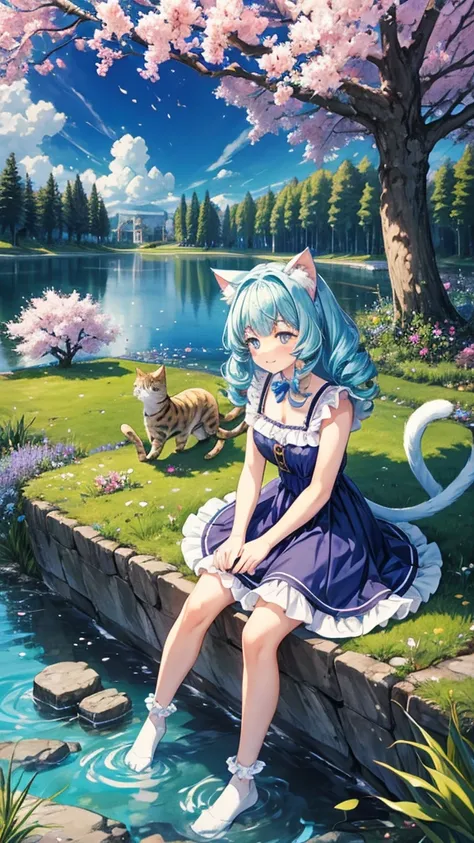 1 cat girl, benitoite eyes, cat tail, cat ears, curly hair inside blue, sleepy, (smile: 0.9), (lips parted: 0.9), cute, 
ruffles, sleeveless dress, white socks, 
Sitting on a rock, Indian style, reclining, 
(wide meadow: 0.9), cherry tree in full bloom, (p...