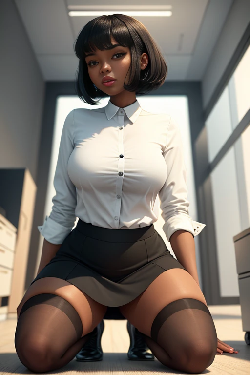 African girl, black girl, dark skin, office, secretary , black short skirt, white shirt, stockings, розовое нижнее белье, Плотная фигура, short black hair, смотрит на зрителя , kneeling, , show panties, lifted skirt , 