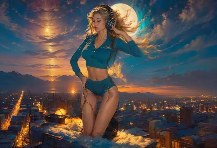 A Gil Elvgren pin-up style painting of a beautiful blonde woman with big messy hair, wearing headphones, wearing an open button down shirt revealing cleavage and navel, panties, laying on her back, sleeping on a fluffy cloud, floating over a small Cityscap...