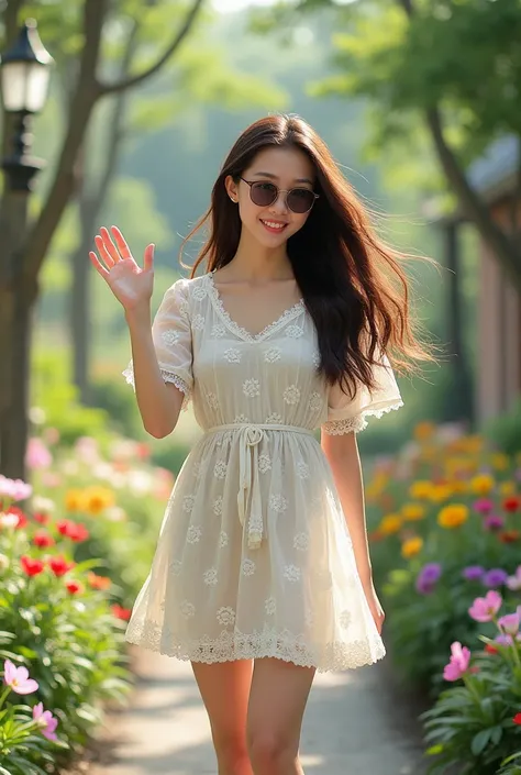 japanese girl,25 yo, waving brown long hair,white patterns dress,white snakers,sunglass oakley,garden with flower ,hd
