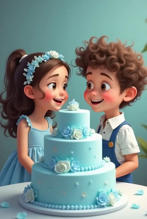 Image of a boy and a girl smiling face to face ,the girl in the baby blue  dress ,The boy with curly hair and a white collared shirt and dark blue pants, with a table with a 3-tier baby blue cake,
