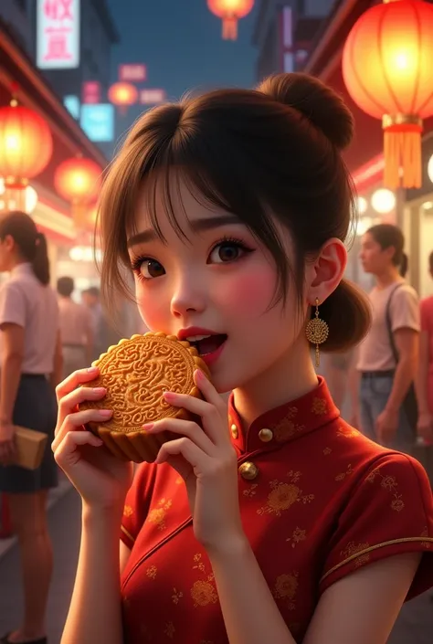 An asian girl who wearing  Cheongsam dress holding and  eating a big mooncake, open mouth widely hungry. At night street, Chinatown, Bangkok